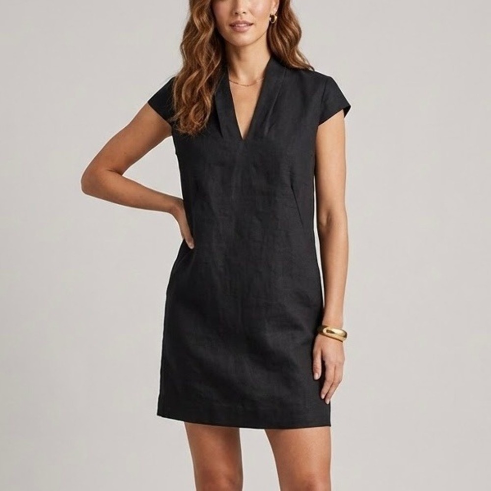 Neiman Marcus Shift Dress 100% Linen Black V-Neck Cap Sleeve Pockets Size Small